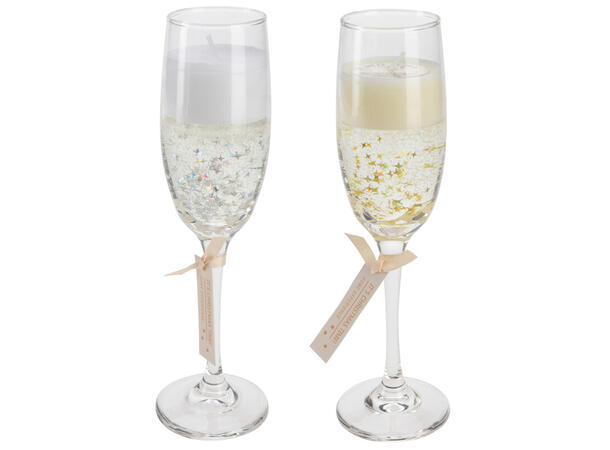 Glass m/gelelys 5x21 cm gull/sølv 2ass Forpk:12stk Kort/bånd 50g voks Vekt 300g 