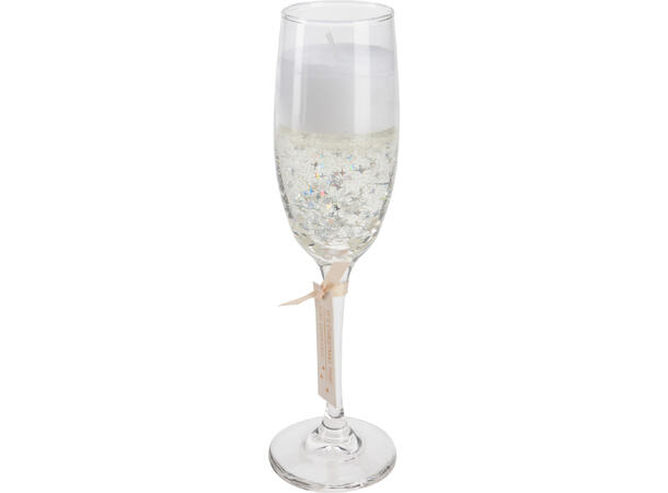 Glass med lys 5x21cm gull/sølv 2ass Forpk 12stk i eske 50g voks Vekt 300g 