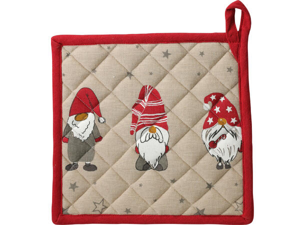 Gryteklut beige/rød nissemotiv 20x20cm 