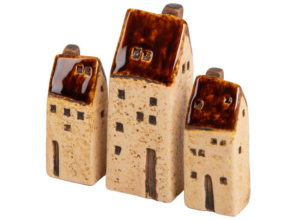 Hus dekor brun/beige keramikk s/3 3,1x7,5cm /3,7x10,5cm 