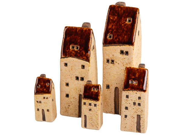 Hus dekor brun/beige keramikk s/3 3,1x7,5cm /3,7x10,5cm 