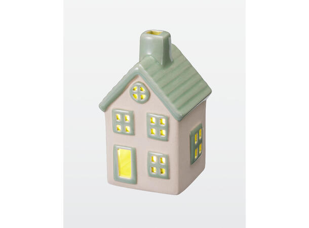 Hus m/LED porselen 11,5cm 4ass Display 12stk Porselen. Batterier inkl 