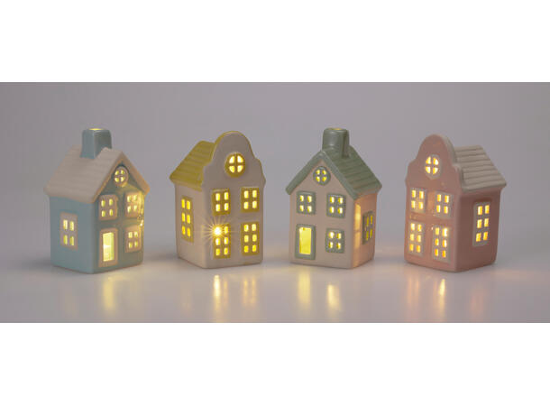 Hus m/LED porselen 11,5cm 4ass Display 12stk Porselen. Batterier inkl 