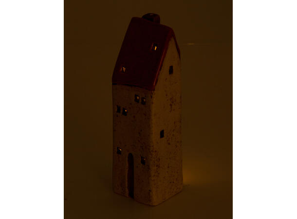Hus til telys beige/rød keramikk 5,6x18,3cm 