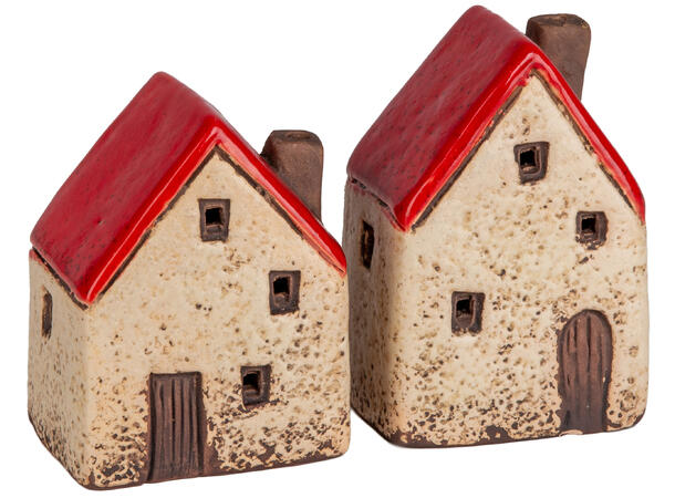 Hytte beige keramikk LED 6,5x10cm 2ass Batteri 2xLR44 