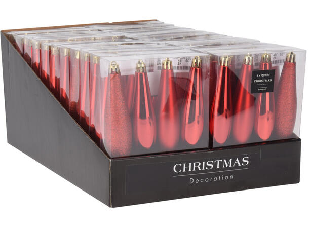 Istapp rød shiny/matt/glitte 15cm 4stk Display med 24 sett PP 