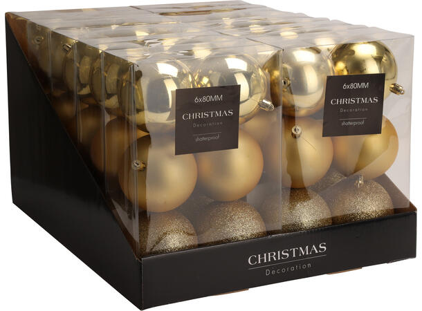 Julekule gull shiny/matt/glitt 8cm 6stk Display 12pk PP 