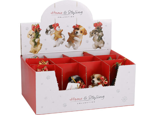 Juletrepynt Hund henge 6x8,5cm 4ass Display 12stk Vekt 60gram 