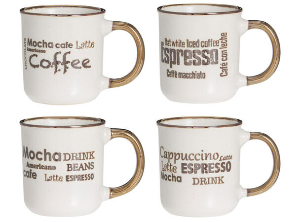 Krus 200ml m/gravert kaffetekst 8cm 4stk Forpk 4sett kaffekrus 