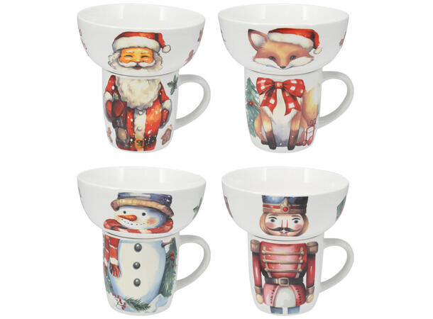 Krus og skål porselen julemotiv 4ass Forpakning: 8pk Skål:600ml Krus:360ml 