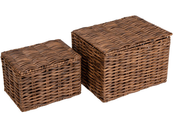 Kurv m/lokk brun flettet PE s/2 20x16x13cm 20x16x13cm 16x12x10cm 