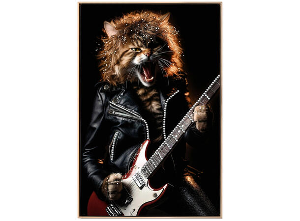 Lerretsbilde Katt gitar dekor 62x92cm Shiny foliert fototrykk med gullramme 