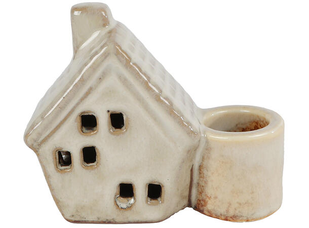 Lysestake m/hus beige keramikk 2ass 7x3,5x7cm 
