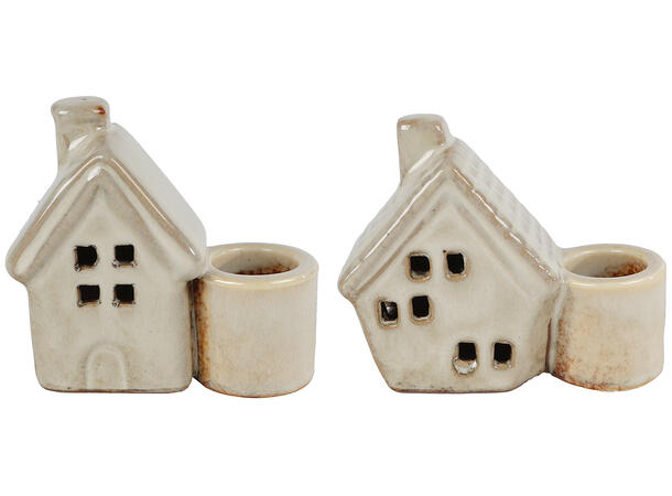 Lysestake m/hus beige keramikk 7x3,5x7cm 