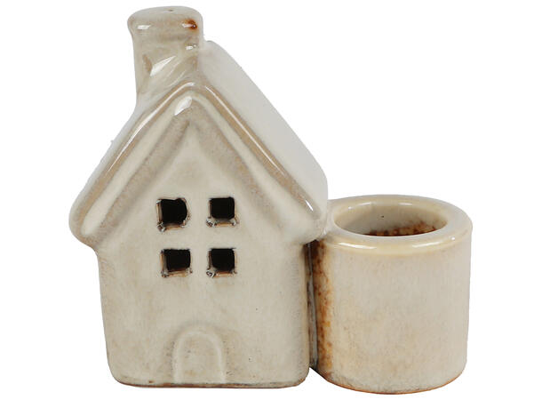 Lysestake m/hus beige keramikk 7x3,5x7cm 