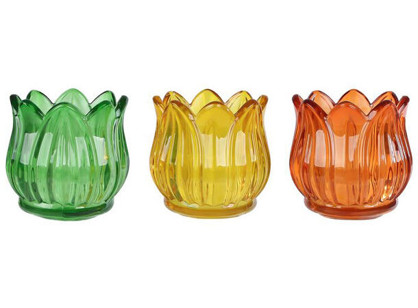 Lysglass Tulipan grønn/gul/ora. 7cm 3ass Forpakning: 18stk 