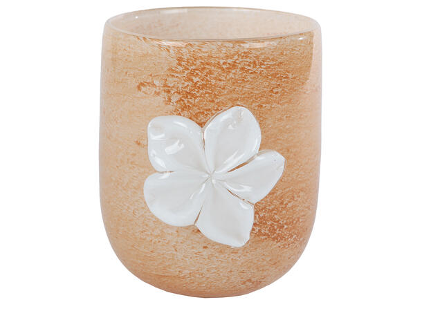 Lysglass terracott/hvit blomst 12x14,5cm Munnblåst, Forpakning 6stk 