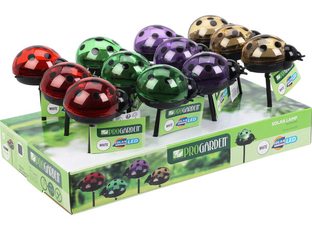 Marihøne Solar m/pinne 7,5x6x14cm 4ass Display 12stk Oppladbart batteri inkl. 