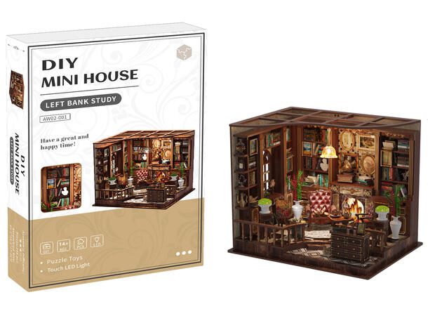 Mini hus DIY Studierommet 21x16,2x17,2cm MDF, papir, stoff. LED lys, uten batteri 