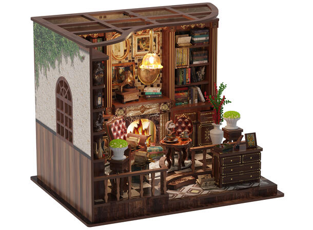 Mini hus DIY Studierommet 21x16,2x17,2cm MDF, papir, stoff. LED lys, uten batteri 