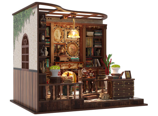 Mini hus DIY Studierommet 21x16,2x17,2cm MDF, papir, stoff. LED lys, uten batteri 