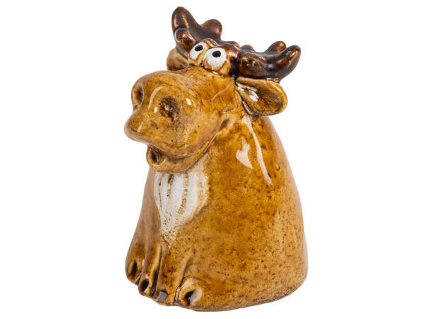 Reinsdyr sittende brun keramikk 7x8,8cm 