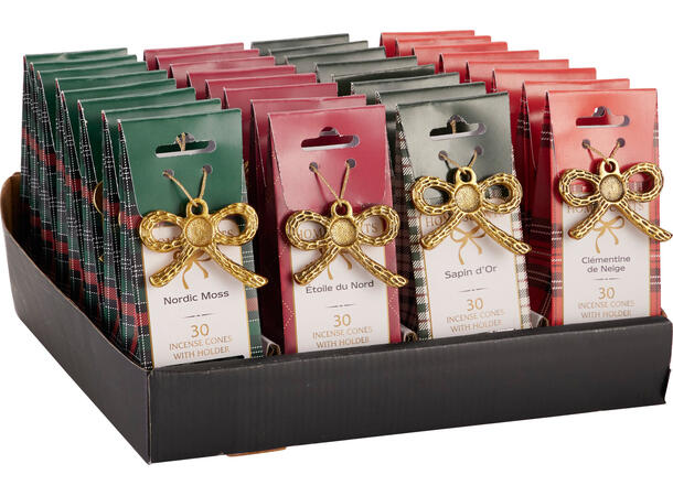 Røkelseskjegler 30stk m/holder 4ass Display 32pk 6,5x3,5x16,5cm 