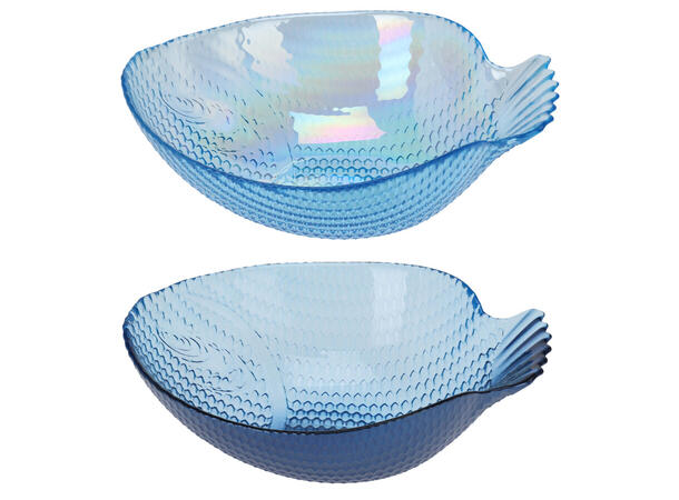 Skål fisk blått glass 17x13x5,5cm 2ass Forpakning: 12stk Vekt:223gram 