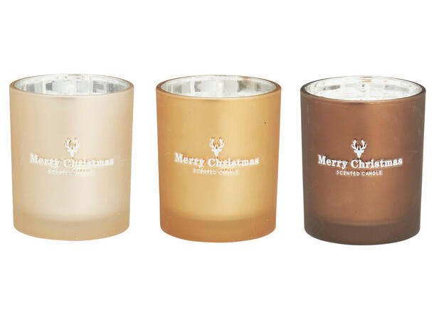 Sterainlys glass Merry X-mas 7x8cm 3ass 3ass:gull, beige, brun Voks:100gram 