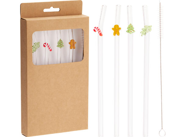 Sugerør av glass m/julefigurer 20cm 4 sugerør og 1 børste i gaveeske 