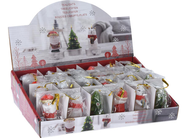 Telys julefigurer av voks h:6,5cm 3ass Display med 24stk 