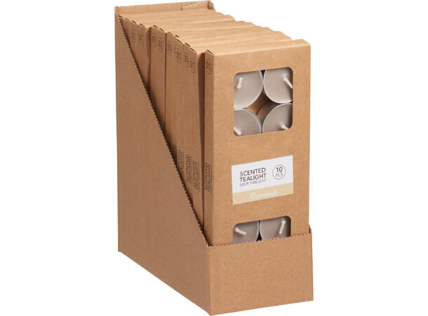 Telys sandfarge duft kokos pk à 10stk Forpk 12pk 1% duft Brenntid 4t 
