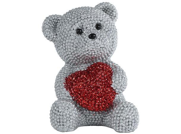Bamse sølv glitter m/hjerte 7x6x9cm 