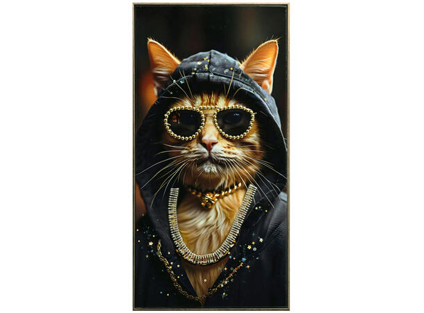 Bilde lerretstrykk tøff katt 42x82cm Shiny foliert fototrykk med gullramme 