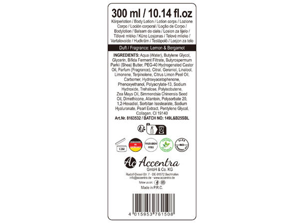 Bodylotion pumpe 300ml Lemon & Bergamot Vegansk Uten mineralolje og parabener 