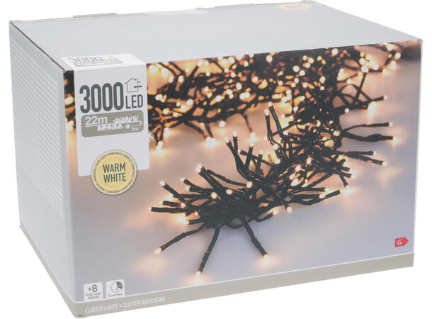 Cluster lys 3000 LED adapter sort kabel IP44 8 funksjoner Timer: 8/16t 