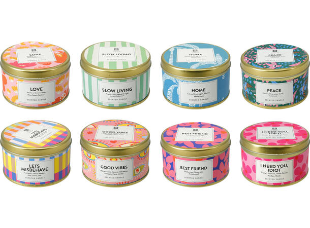 Duftlys metallboks m/tekst 8x4,5cm 8ass 