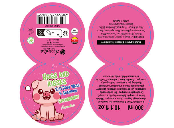 Dusjsåpe og sjampo rosa Lucky Pig 300ml Forpk 6stk Jordbærduft 