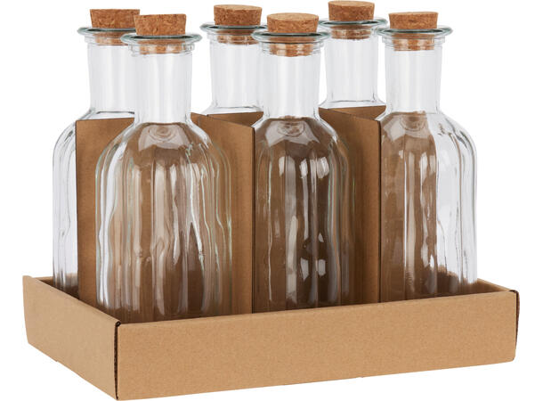 Flaske klart glass m/kork h:19cm 12 stk i display 