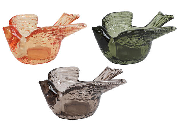 Fugl Telysholder av glass 13x12x6cm 3ass 