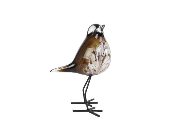 Fugl stående brun/hvit glass 13x9x16cm 