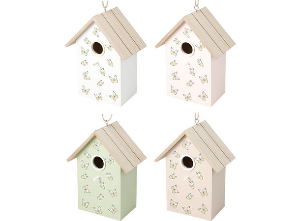 Fuglehus hvit tre 16x10x21cm 4ass Forpk 12stk 