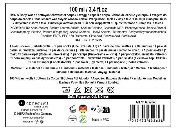 Gavesett 100ml Dusjsåpe og sokker Eik / citrus Vegansk Uten parabener/SLES 