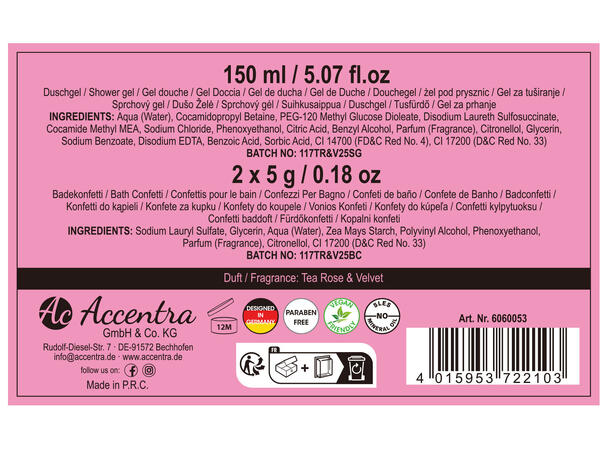 Gavesett Dusjgel 150ml m/rosa konfetti Vegansk Uten parabener/SLES m/roseduft 