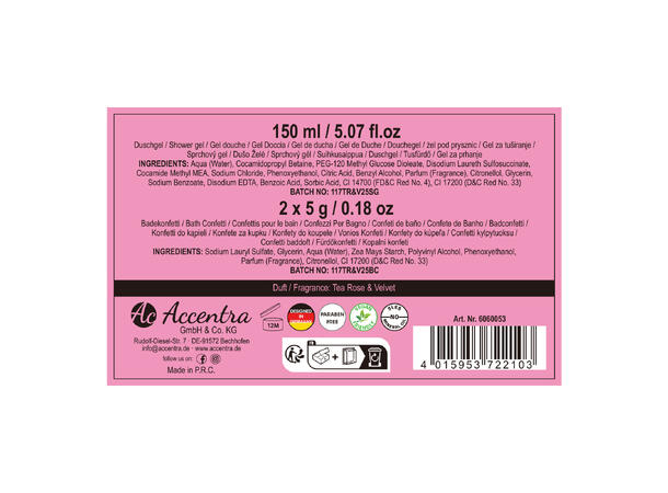 Gavesett Dusjgel 150ml m/rosa konfetti Vegansk Uten parabener/SLES m/roseduft 