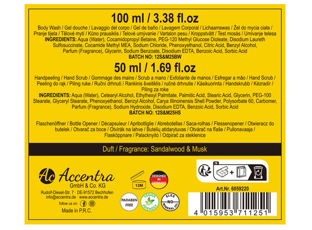 Gavesett Dusjsåpe Håndskrubb Flaskeåpner Sandal & Musk Vegansk Uten paraben/SLES 