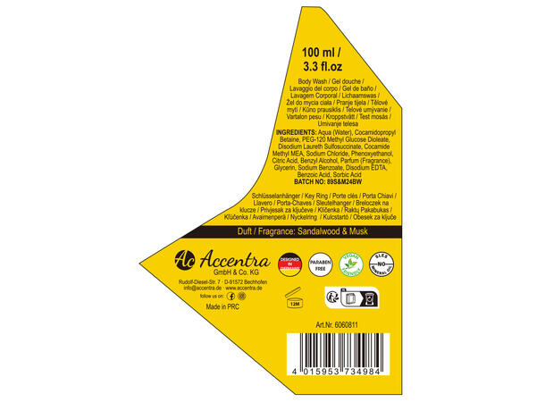 Gavesett Oljekanne Dusjsåpe m/nøkkelring Sandal & Musk Vegansk Uten paraben/SLES 