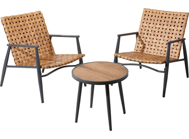 Hagesett stål m/rotting lærlook 3 deler 2 stol: 64x74x78cm og sofabord 50x47cm 