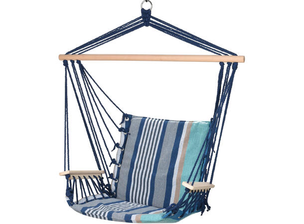 Hengekøye 100x53cm blå stripet polyester Skumfylt sete/rygg, trestang 95x3cm 