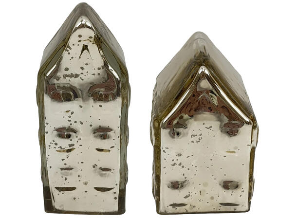 Hus dekorhus av glass gull 6x6x13,5 cm Forpk 12stk 